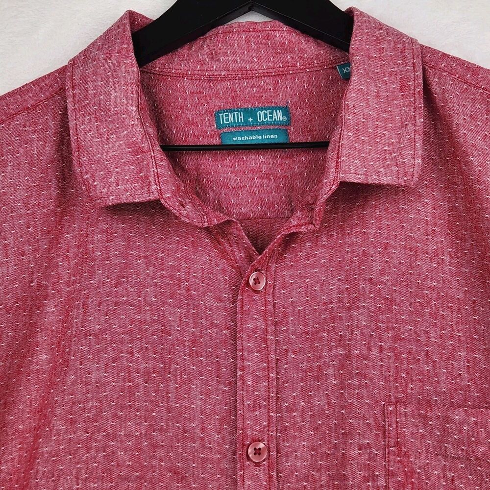 Tenth + Ocean Linen Blend Short Sleeve Button Shirt XXL Red Pink Washable Linen - Picture 2 of 10